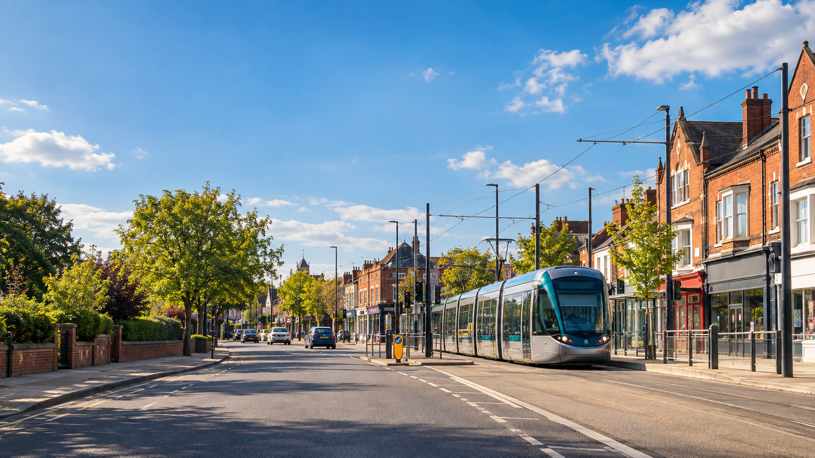 Tram travelling along a street in Beeston