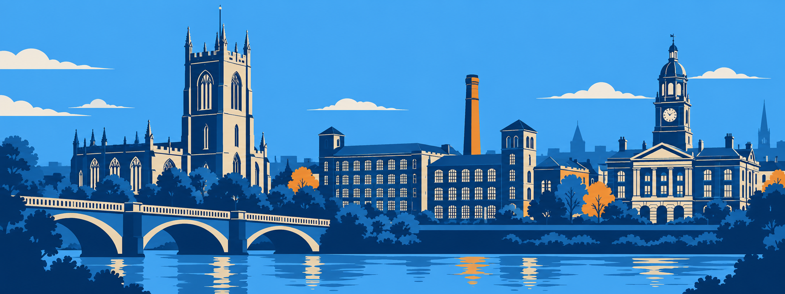 Stylised panoramic illustration of Derby's skyline